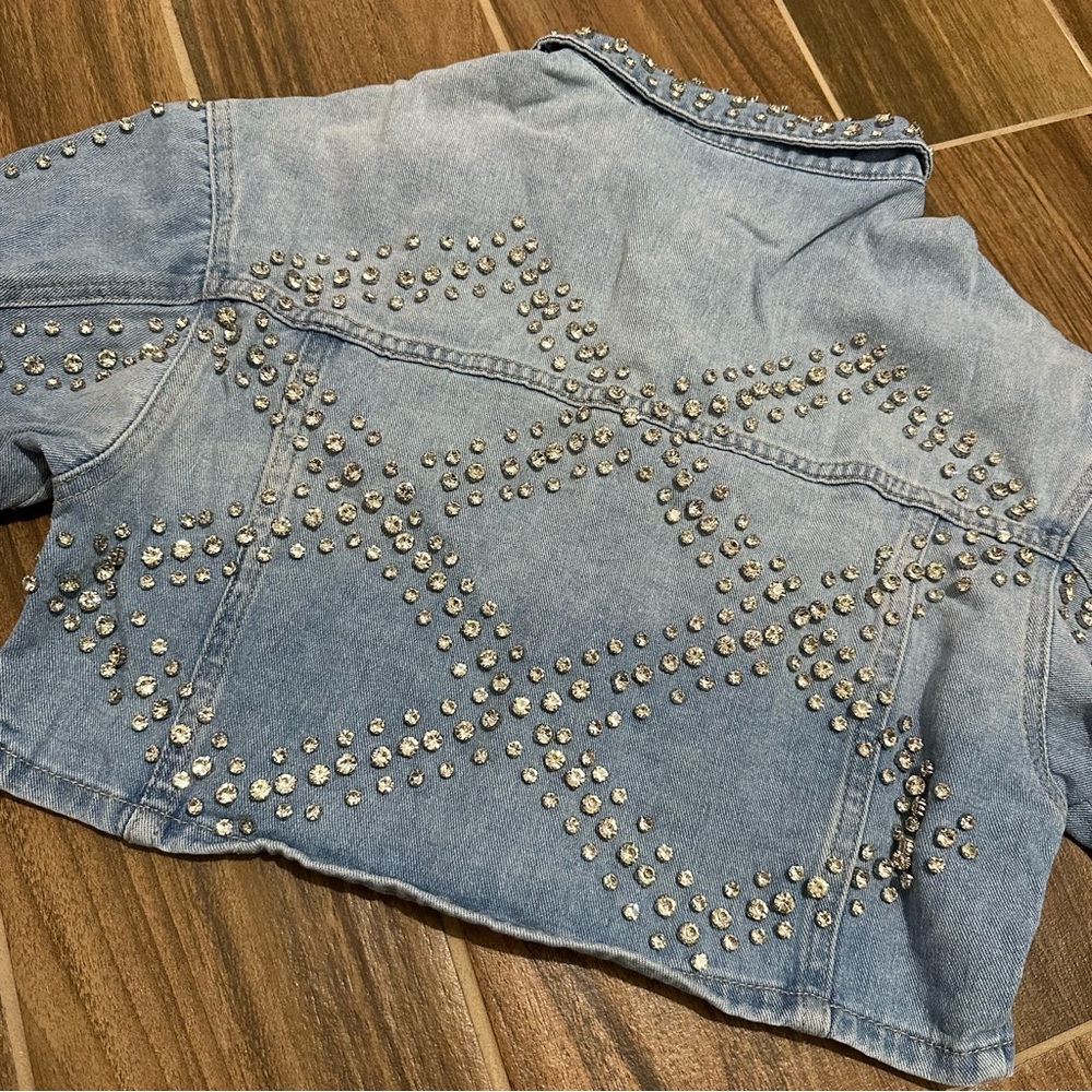 Rhinestone Studded Light Blue Denim Crop Jacket - Picture 7 of 8